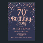 70th Birthday Party - Navy & Rose Gold Invitation<br><div class="desc">70th Birthday Party Invitation.
Elegant design in navy blue and faux glitter rose gold. Features stylish script font and confetti. Message me if you need custom age.</div>