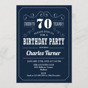 70th Birthday Party - Navy White Invitation