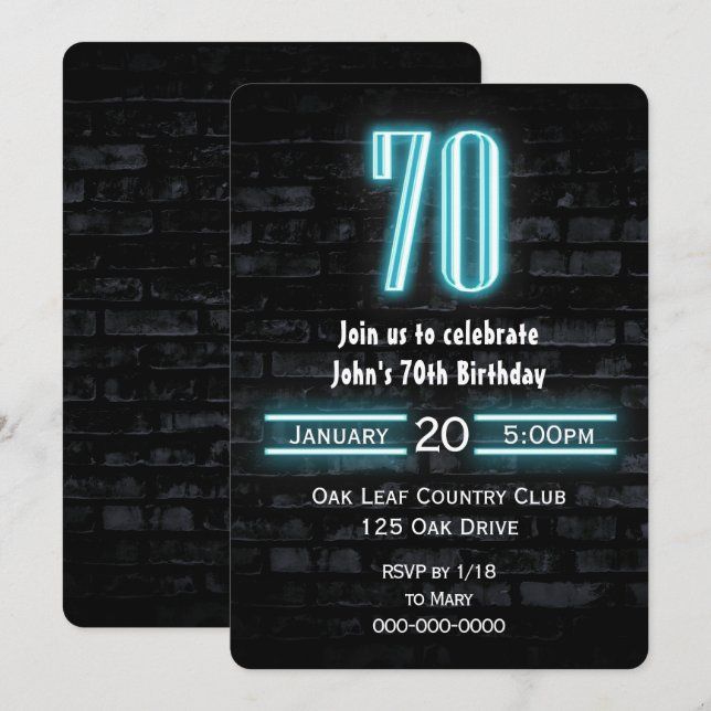 70th Birthday Party Neon Sign on Brick Invitation (Front/Back)