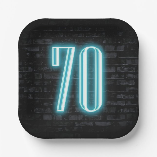 70th Birthday Party Neon Sign on Brick  Paper Plate (Front)
