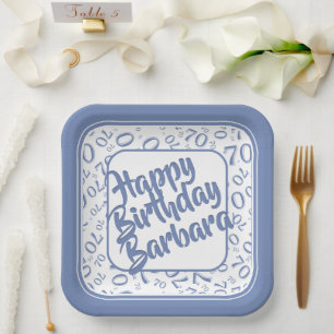 70th Birthday Party Number Pattern Blue White Paper Plate