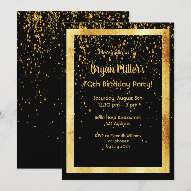 70th birthday party on black with faux gold frame invitation (Front/Back)