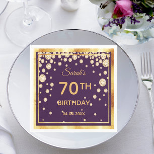 70th birthday party on purple with golden diamonds napkin