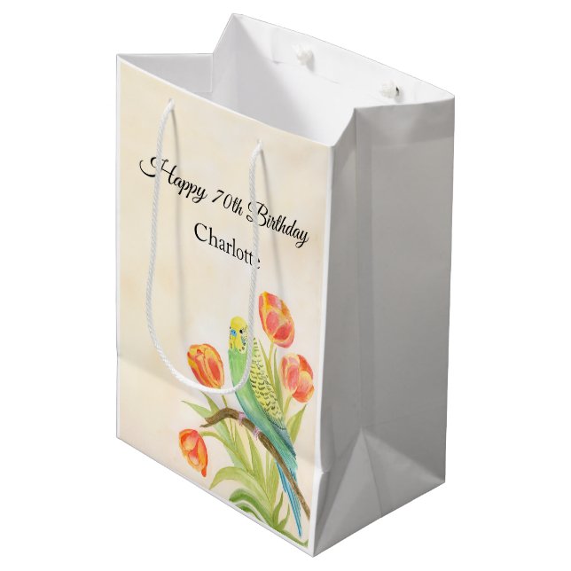 70th Birthday Party Parakeet with Tulips  Medium Gift Bag (Front Angled)