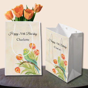 70th Birthday Party Parakeet with Tulips  Medium Gift Bag