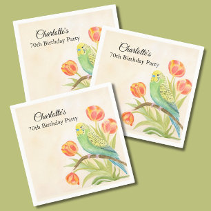 70th Birthday Party Parakeet with Tulips  Napkin
