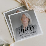 70th Birthday Party Photo Black Script Cheers Napkin<br><div class="desc">This custom 70th birthday napkin features the guest of honour's personalized photo,  name,  and birthday,  along with the word "Cheers" in elegant black calligraphy script. A white screen helps make the text pop. A great way to celebrate someone who's turning seventy!</div>