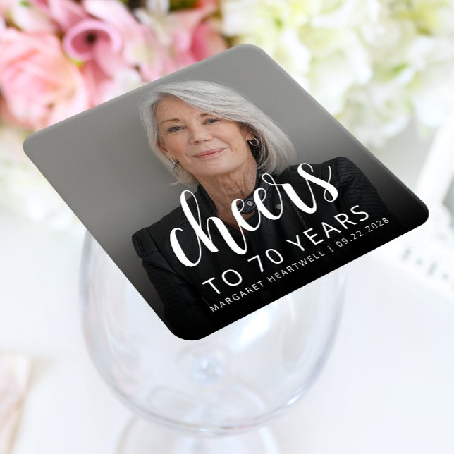 70th Birthday Party Photo Cheers White Script Square Paper Coaster (Creator Uploaded)