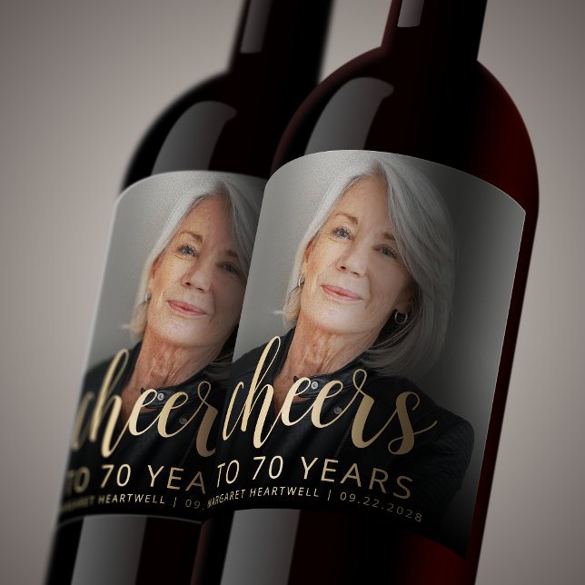 70th Birthday Party Photo Cheers Wine Label (Creator Uploaded)