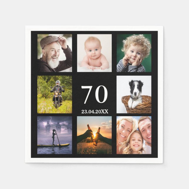70th birthday party photo collage black napkin (Front)