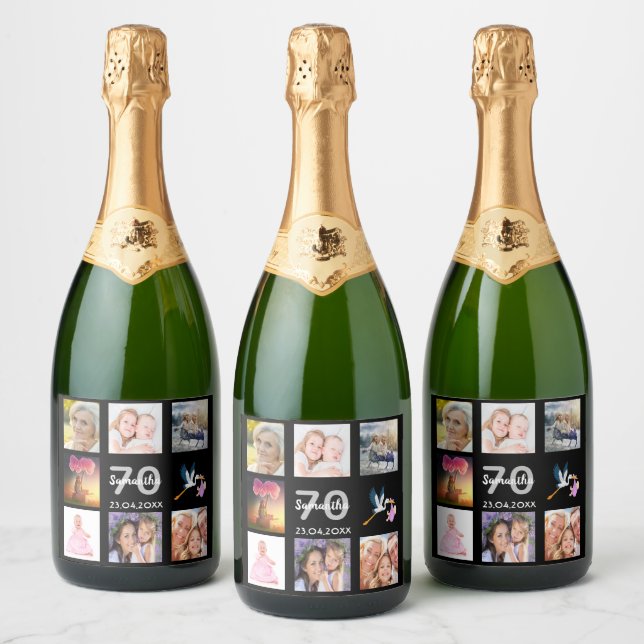 70th birthday party photo collage black sparkling wine label (Bottles)