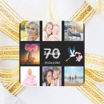 70th birthday party photo collage black square sticker<br><div class="desc">A sticker for a girly 70th birthday party,  celebrating her life with a collage of 8 of your photos.  Templates for a name,  age 70 and a date.  Date of birth or the date of the party.  White and grey coloured letters.  Elegant black background.</div>