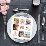 70th birthday party photo collage napkin<br><div class="desc">A napkin for a girly 70th birthday party,  celebrating her life with a collage of 8 of your photos.  Templates for a name,  age 70 and a date.  Date of birth or the date of the party.  Coral and burgundy coloured letters.  White background.</div>