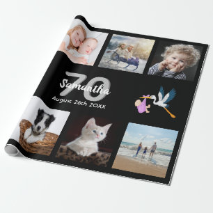 70th birthday party photo collage woman black wrapping paper