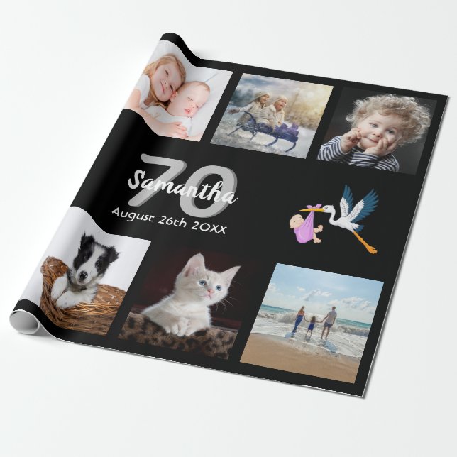 70th birthday party photo collage woman black wrapping paper (Unrolled)