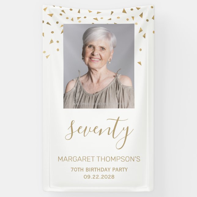 70th Birthday Party Photo Gold Confetti White Banner (Vertical)