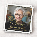 70th Birthday Party Photo Gold Script Cheers  Napkin<br><div class="desc">Elevate your celebration with these 70th Birthday Party Photo Gold Script Cheers Napkins. Designed with an elegant gold script and a personalized photo, these napkins add a sophisticated touch to your special occasion. Perfect for a stylish and memorable 70th birthday party, they complement any table setting with a luxe and...</div>