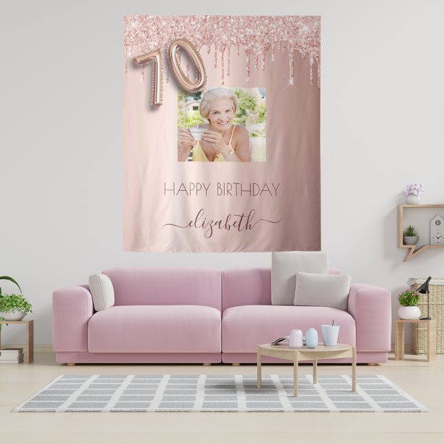70th birthday party photo rose gold glitter pink tapestry (Creator Uploaded)