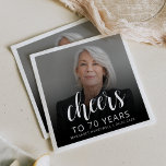 70th Birthday Party Photo White Script Cheers Napkin<br><div class="desc">This custom 70th birthday napkin features the guest of honour's personalized photo,  name,  and birthday,  along with the word "Cheers" in elegant white calligraphy script. A dark screen helps make the text pop. A great way to celebrate someone who's turning seventy!</div>