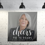70th Birthday Party Photo White Script Cheers Tapestry<br><div class="desc">This custom 70th birthday tapestry features the guest of honour's personalized photo,  name,  and birthday,  along with the word "Cheers" in elegant white calligraphy script. A dark screen helps make the text pop. A great way to celebrate someone who's turning seventy!</div>