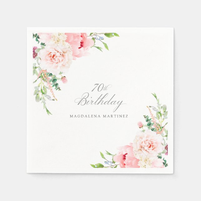70th Birthday Party Pink Floral Custom Cocktail Napkin (Front)