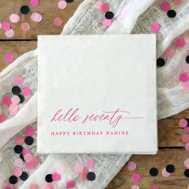 70th Birthday Party Pink Hello 70 Modern Elegant Napkin (Pink hello 70 modern script 70th birthday party napkins)