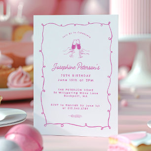 70th Birthday Party Pink Whimsical Doodle  Invitation