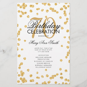 70th Birthday Party Program Gold Glitter w/ Menu