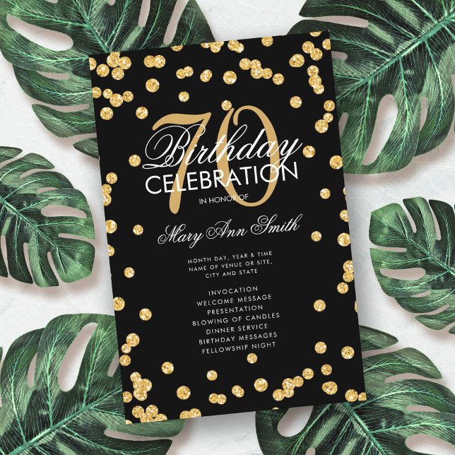 70th Birthday Party Program Gold Glitter w/ Menu (Creator Uploaded)