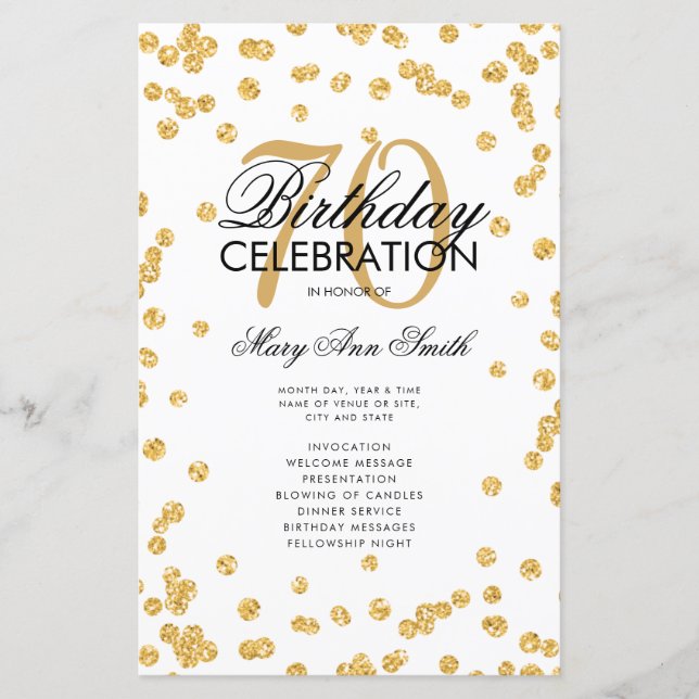70th Birthday Party Program Gold Glitter w/ Menu (Front)