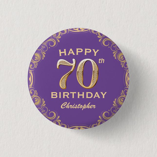 70th Birthday Party Purple and Gold Glitter Frame 1 Inch Round Button (Front)