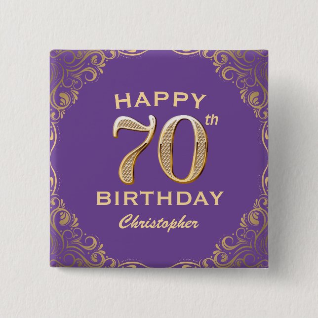 70th Birthday Party Purple and Gold Glitter Frame 2 Inch Square Button (Front)