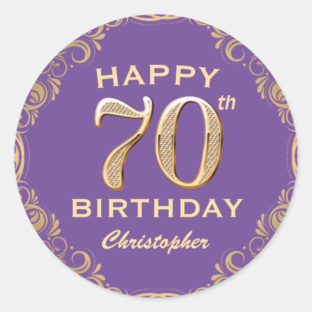 70th Birthday Party Purple and Gold Glitter Frame Classic Round Sticker (Front)