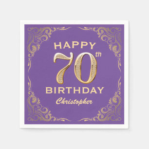 70th Birthday Party Purple and Gold Glitter Frame Napkin