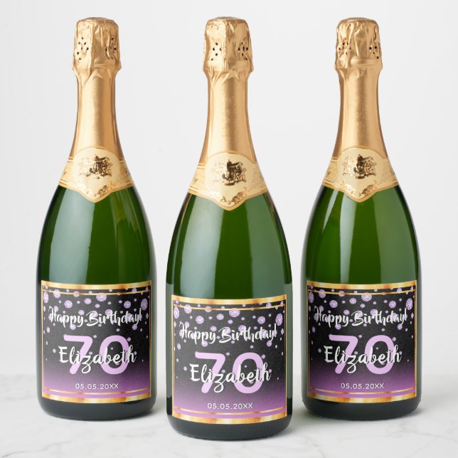 70th birthday party purple black glitter diamonds sparkling wine label (Bottles)