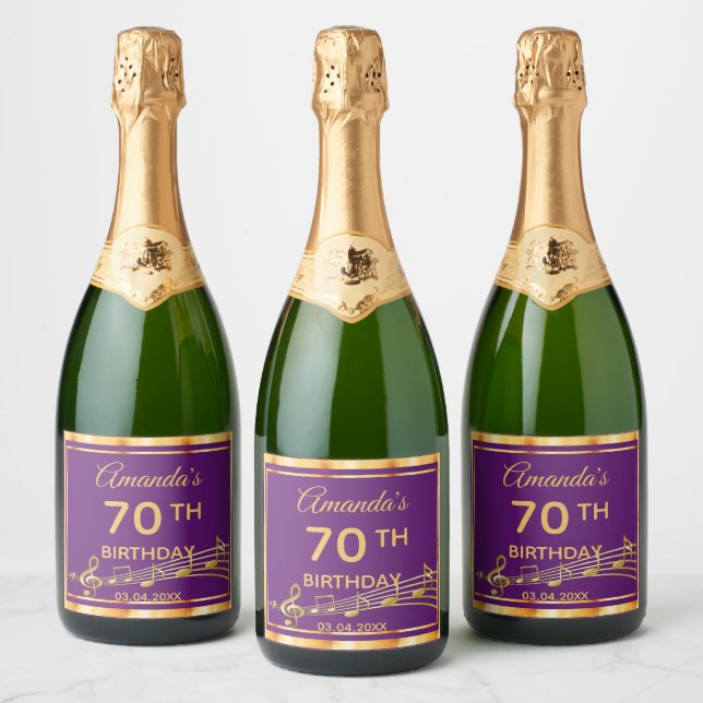 70th birthday party purple gold music notes name sparkling wine label (Bottles)