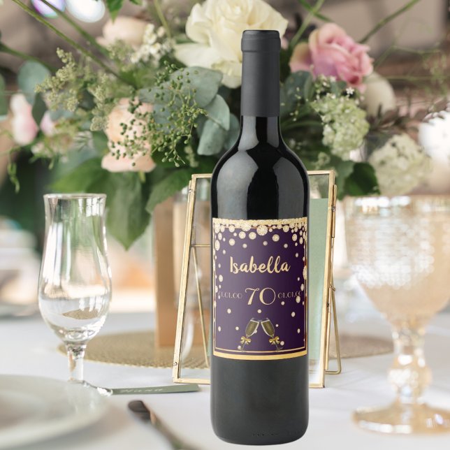 70th birthday party purple gold sprinkle name wine label (Creator Uploaded)