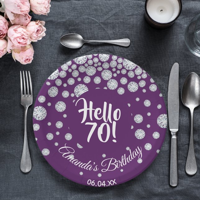 70th birthday party purple hello 70 diamonds name paper plate (Creator Uploaded)