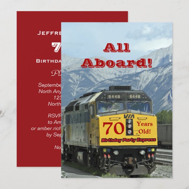 70th Birthday Party Railroad Train Yellow Engine Invitation (Front/Back)