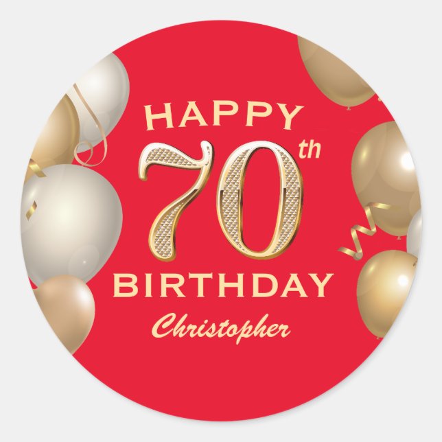 70th Birthday Party Red and Gold Balloons Classic Round Sticker (Front)