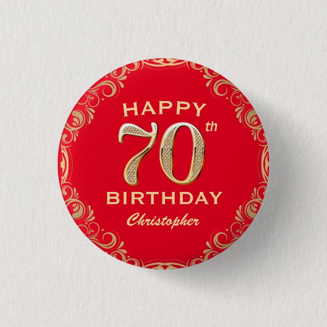 70th Birthday Party Red and Gold Glitter Frame 1 Inch Round Button (Front)