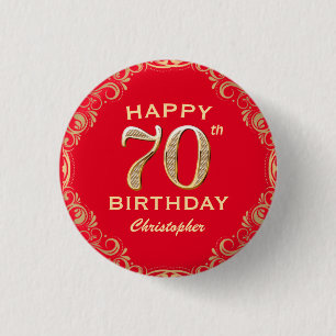 70th Birthday Party Red and Gold Glitter Frame 1 Inch Round Button