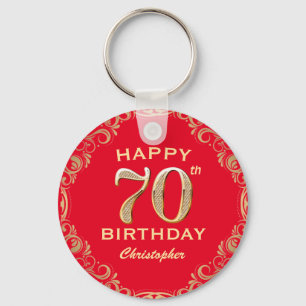 70th Birthday Party Red and Gold Glitter Frame Keychain