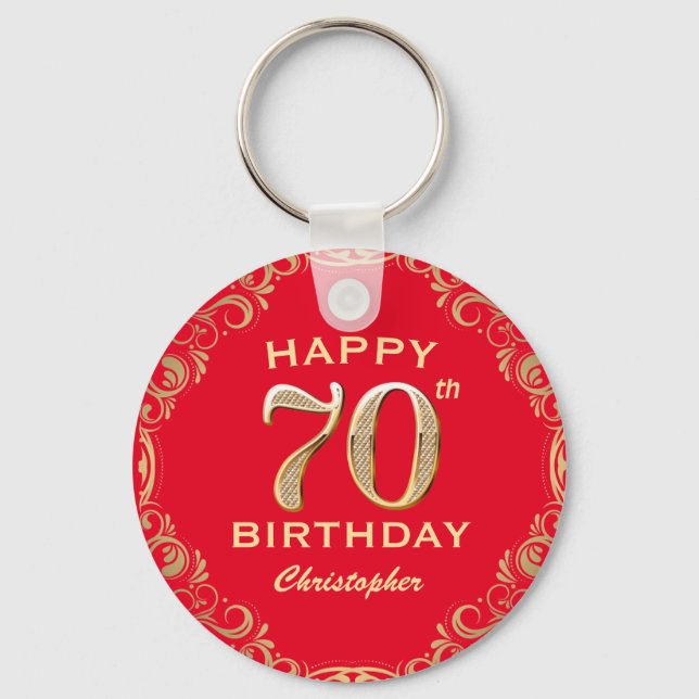 70th Birthday Party Red and Gold Glitter Frame Keychain (Front)