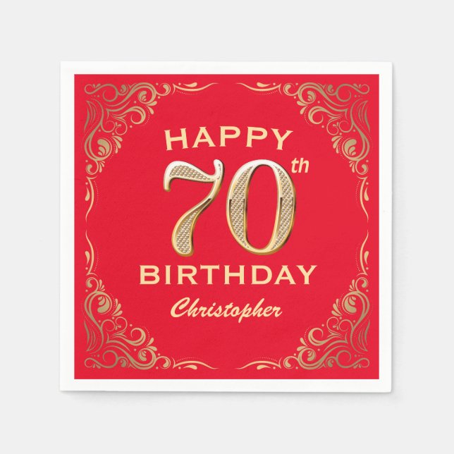 70th Birthday Party Red and Gold Glitter Frame Napkin (Front)
