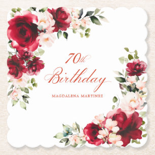 70th Birthday Party Red Pink Floral Custom Paper Coaster