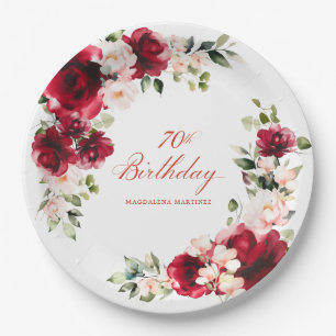 70th Birthday Party Red Pink Floral Custom Paper Plate