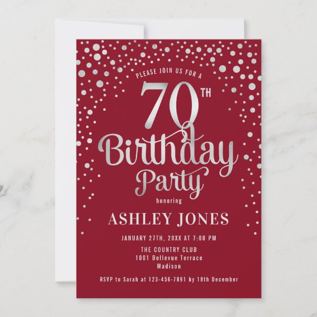 70th Birthday Party - Red & Silver Invitation (Front)