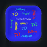 70th Birthday Party Repeat Name Royal Blue Square Paper Plate<br><div class="desc">What a wonderful, personalized paper plate for a 70th birthday party or any other occasion. Name and Age repeat in different fonts and primary colours on a bright blue background. Easy to personalize - just CHANGE NAME, AGE, and OCCASION in ONE PLACE. Supports name up to 9 characters. Choose square...</div>