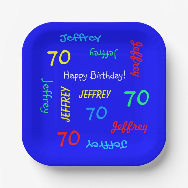 70th Birthday Party Repeat Name Royal Blue Square Paper Plate (Front)